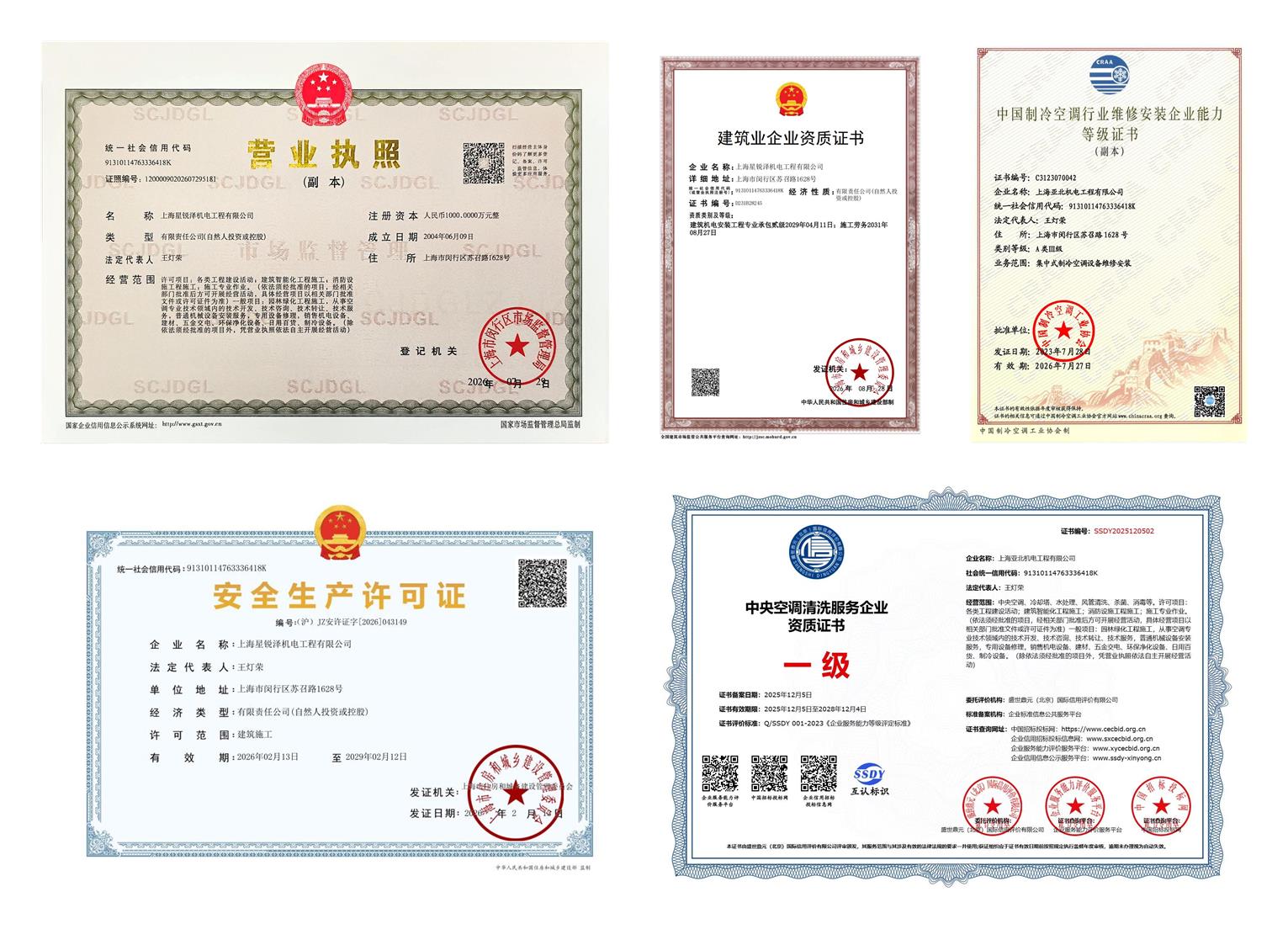 上海星锐泽机电工程有限公司资质证书：安全生产许可证、建筑业企业资质证书、营业执照、制冷等级证书、中央空调清洗服务资质证书